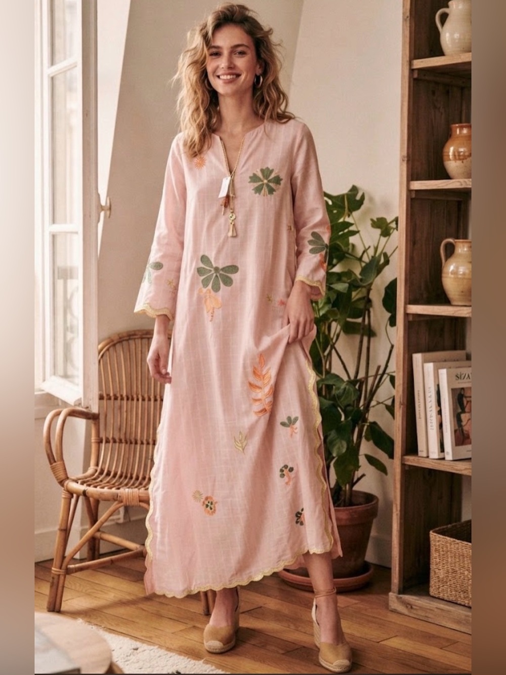 Ethnic Pink 100% Cotton Embroidered Maxi Dress Size S / M Bohemian Resort Wear